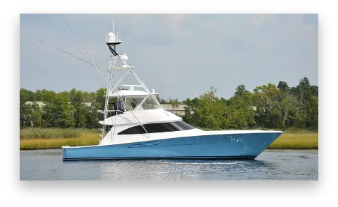 New in-stock Galati Yacht Sales' viking profile shot on the water